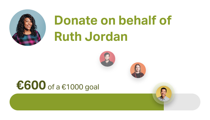 A fundraising progress bar showing €600 raised toward a €1,000 goal, with a 