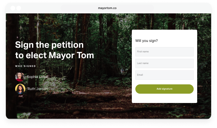 A preview of a mobile-responsive NationBuilder website featuring a petition to 